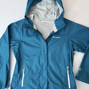 Columbia Omni-Tech Rain Jacket Womens Large Teal Blue Waterproof Hooded